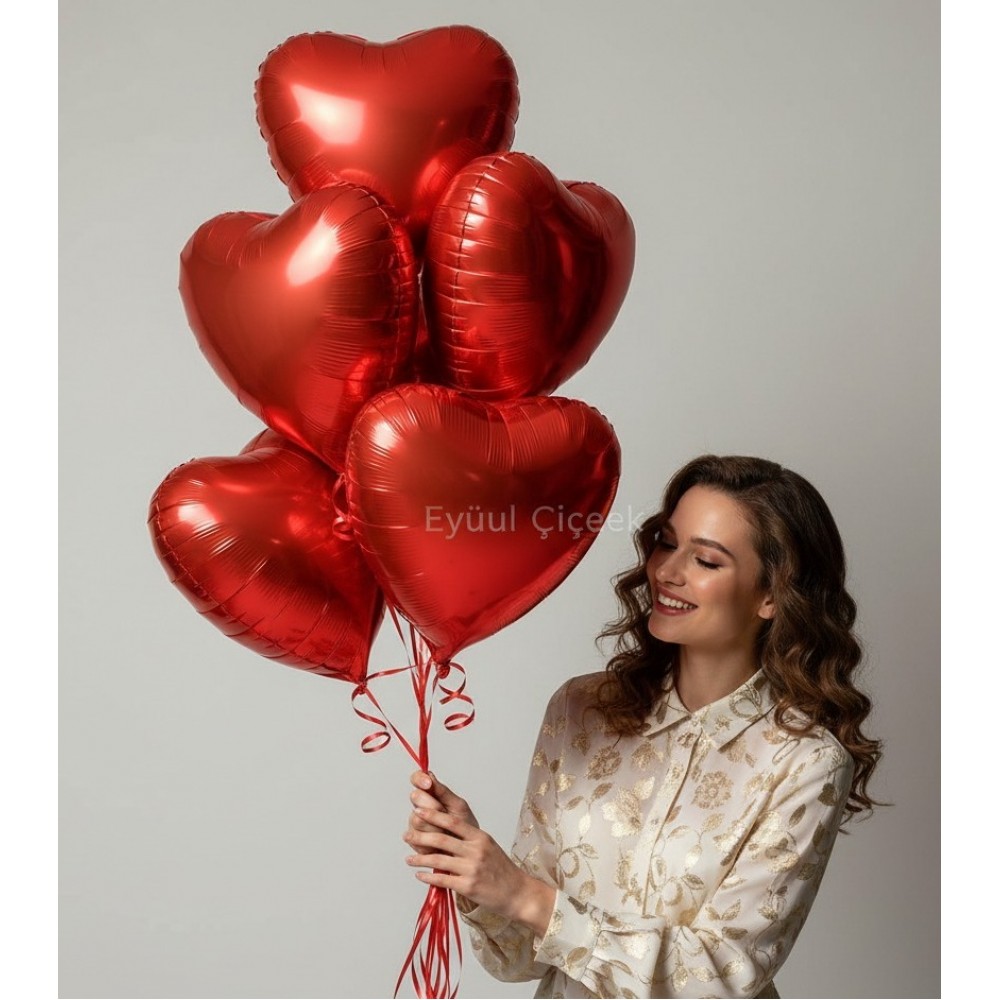 Kırmızı Renk 45 cm Kalp Folyo UÇAN Balon Demeti 6 Adet (HELYUMLU)